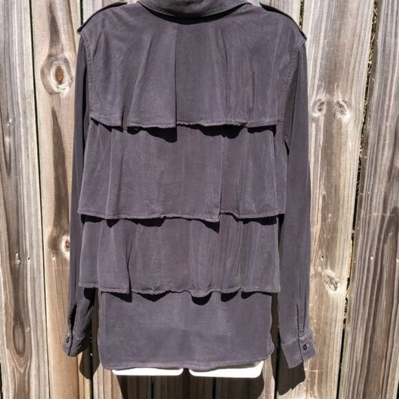 Anthropologie Maven West Medium Gray Button Down Top Blouse Ruffle Shirt Long Sl - Picture 5 of 9